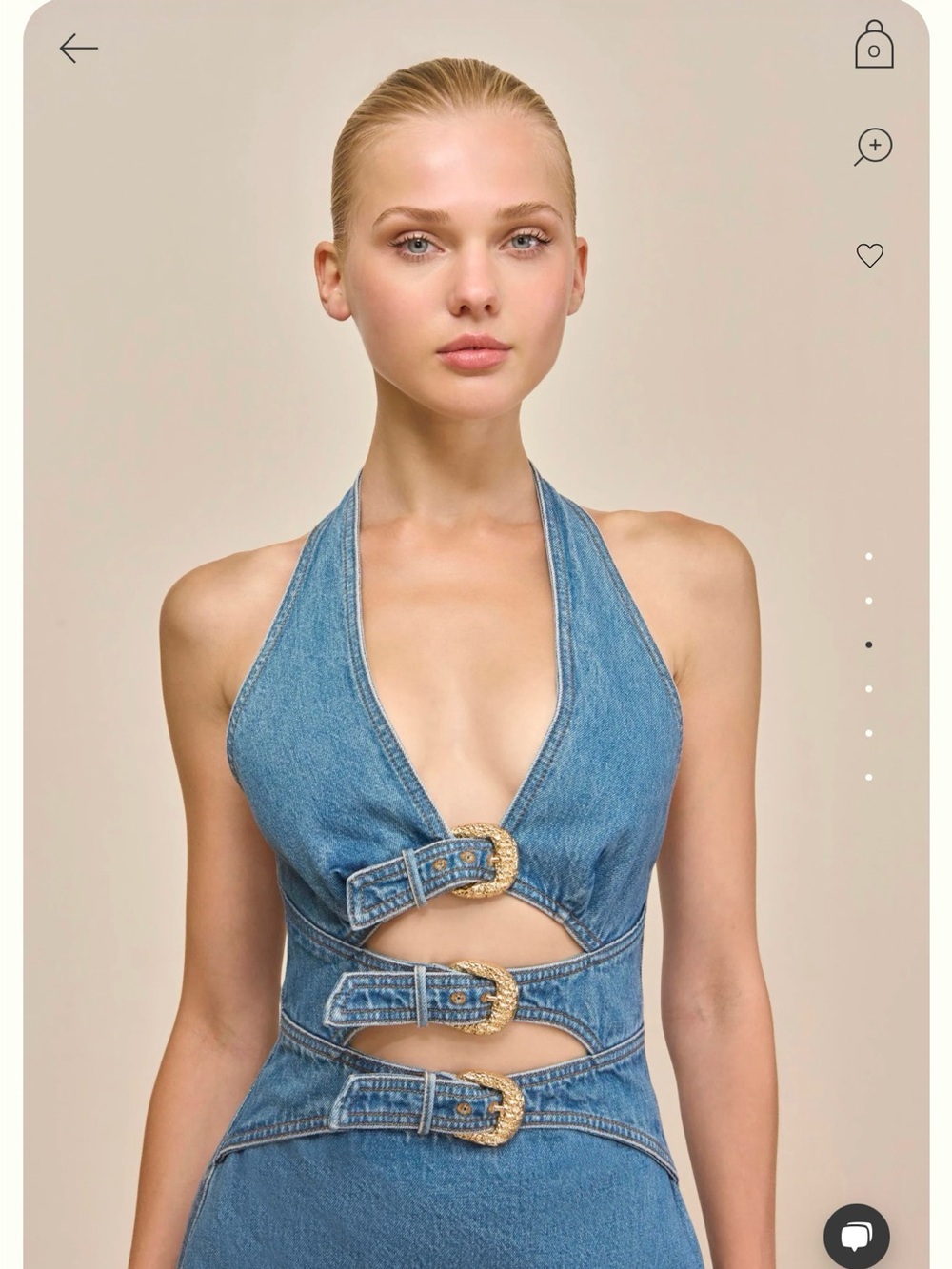 cult gaia Blue Denim Halter Mini Dress with Gold Buckles